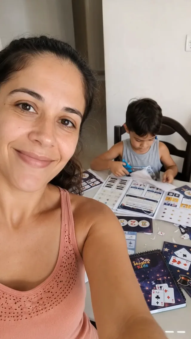 Mãe sorrindo enquanto o filho recorta as peças do kit ao fundo