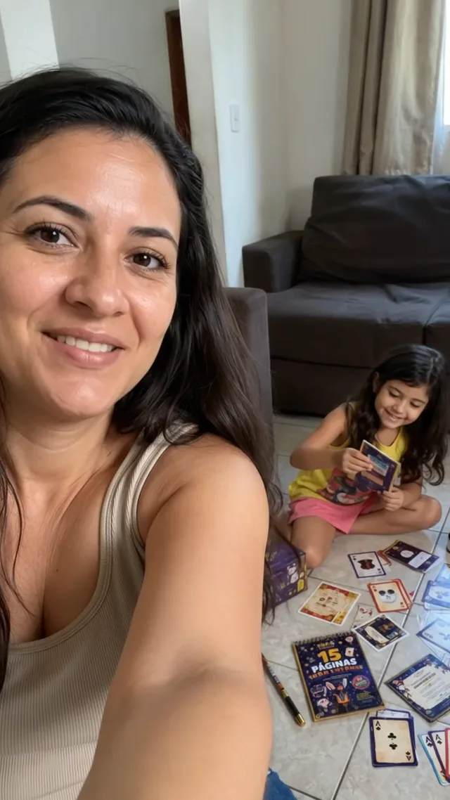 Mãe sorrindo com a filha brincando com as cartas do kit no chão