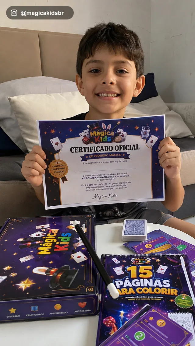 Menino sorrindo e segurando o certificado oficial de pequeno mágico
