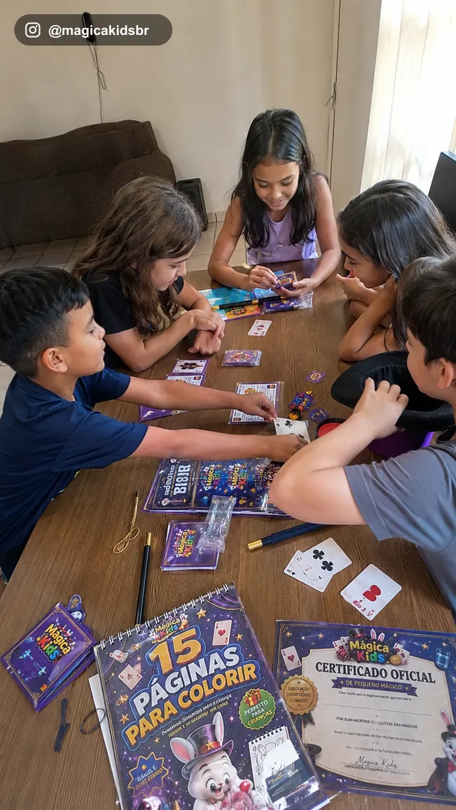 Grupo de cinco crianças ao redor da mesa decifrando um truque de cartas