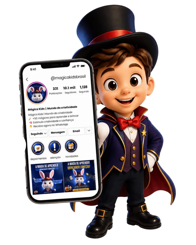 Mascote Mágica Kids segurando o Instagram @magicakids